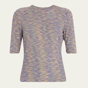 VERONICA BEARD LARKE HEATHERED RIB-KNIT TEE IN DENIM CREWNECK RIBBED MULTICOLOR